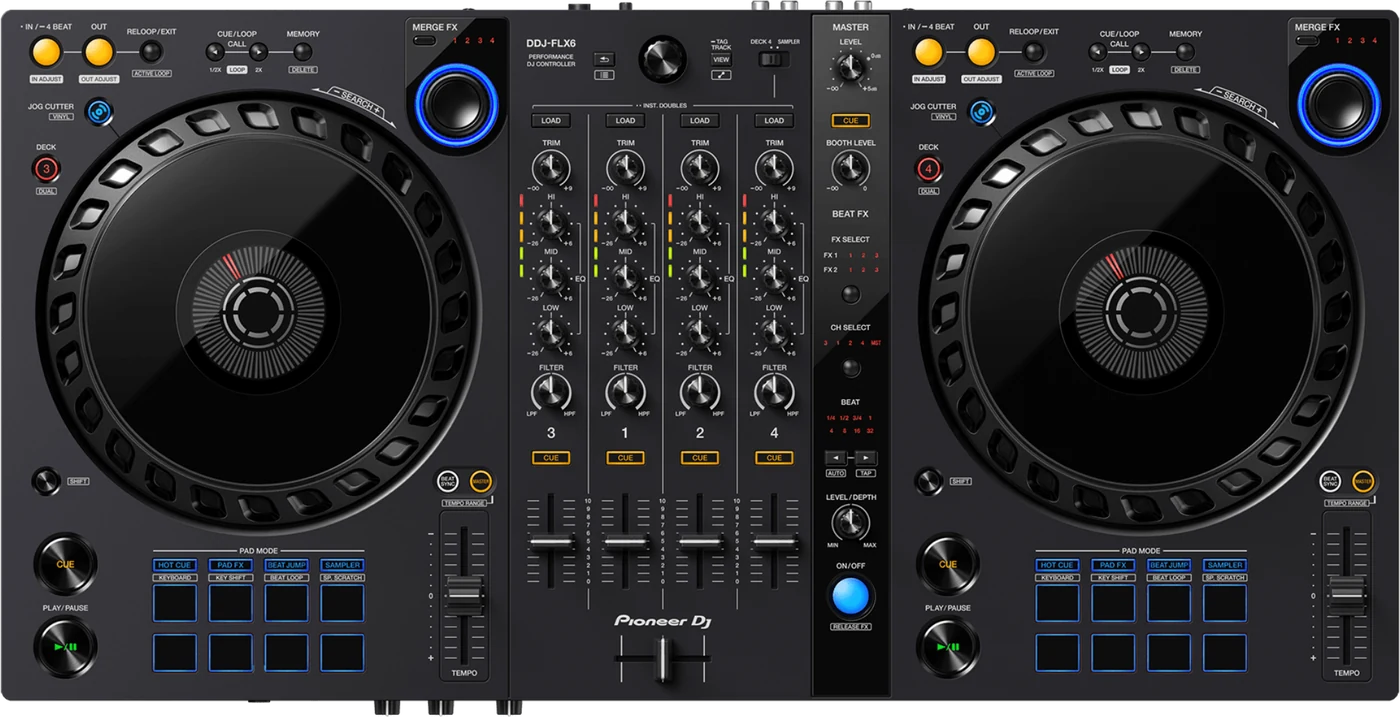 Pioneer DJ DDJ-FLX6 4-channel performance DJ controller control panel, top view