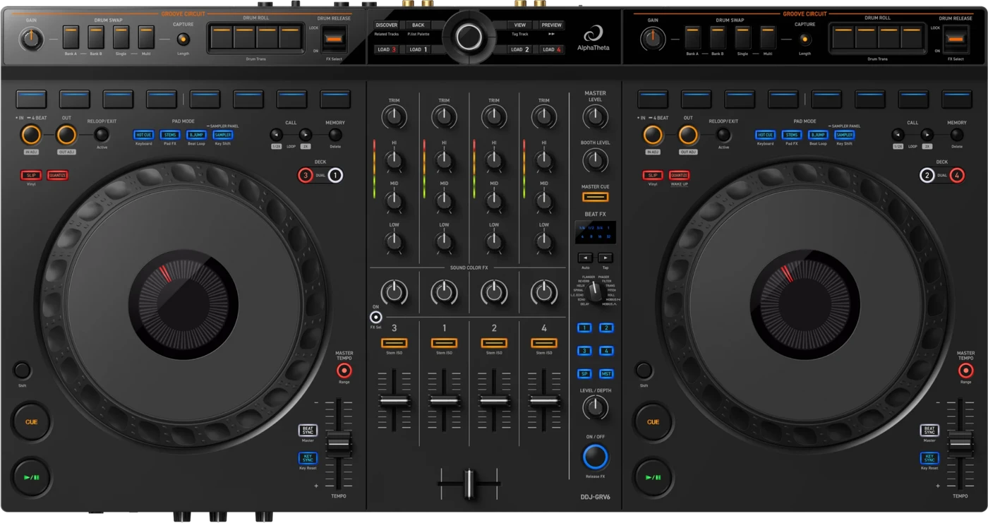 AlphaTheta DDJ-GRV6 four-channel DJ controller control panel, top view