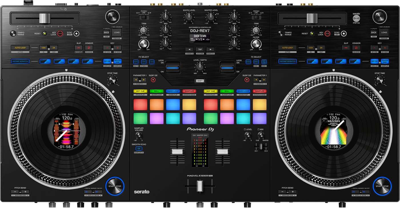 Pioneer DJ DDJ-REV7 two-channel scratch-style DJ controller control panel, top view