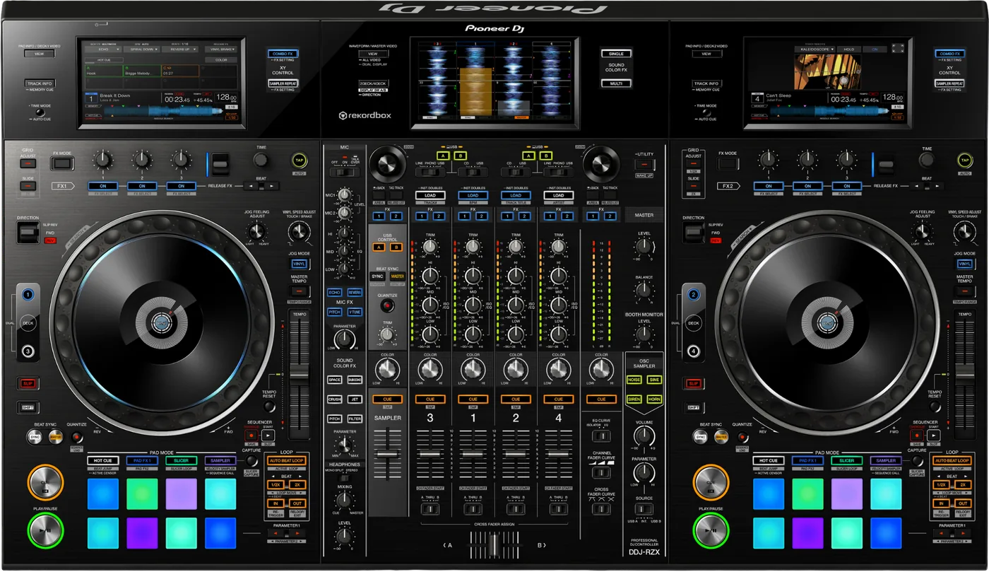 Pioneer DJ DDJ-RZX four channel rekordbox controller with three touch screens, top view
