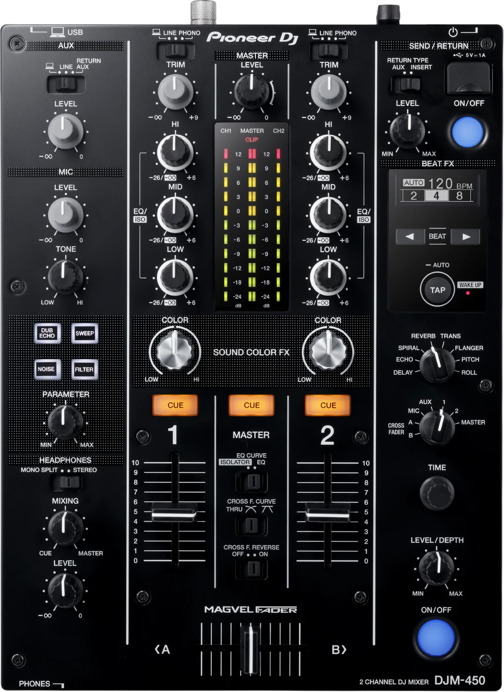 Pioneer DJ DJM-450 two-channel DJ mixer control panel, top view