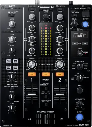 Pioneer DJ DJM-450 two-channel DJ mixer control panel, top view
