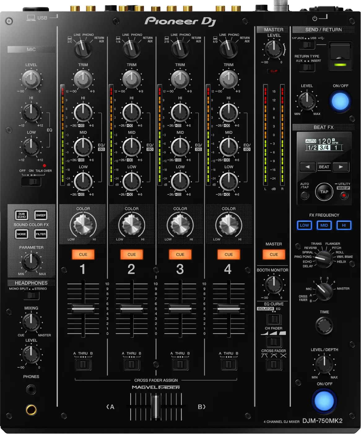 Pioneer DJ DJM-750MK2 four-channel DJ mixer control panel, top view