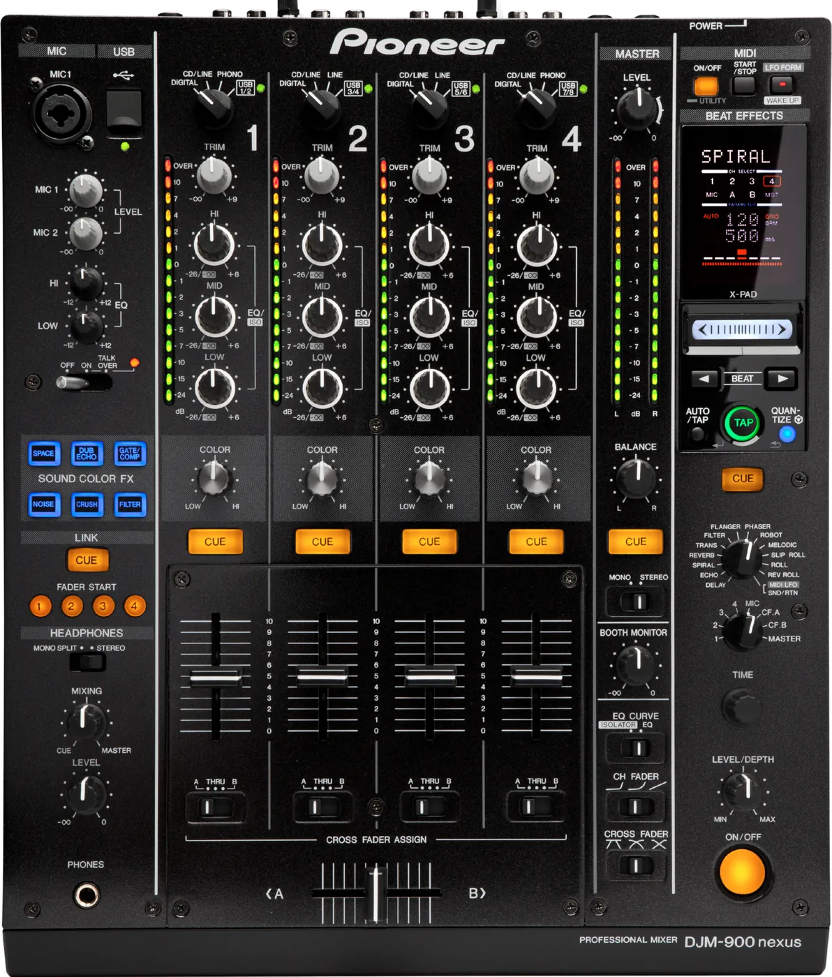 Pioneer DJ DJM-900NXS four-channel DJ mixer control panel, top view