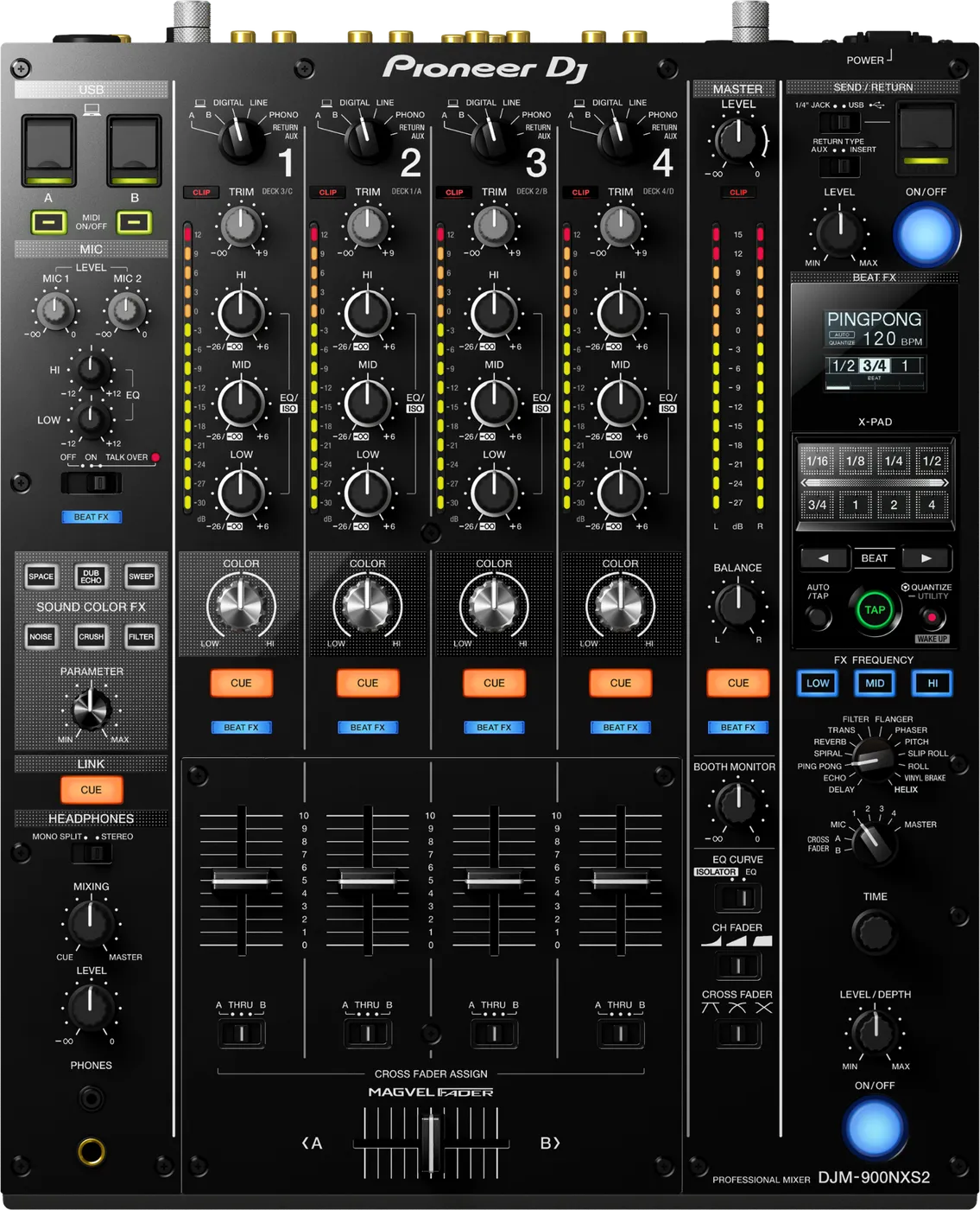 Pioneer DJ DJM-900NXS2 four-channel mixer control panel, top view