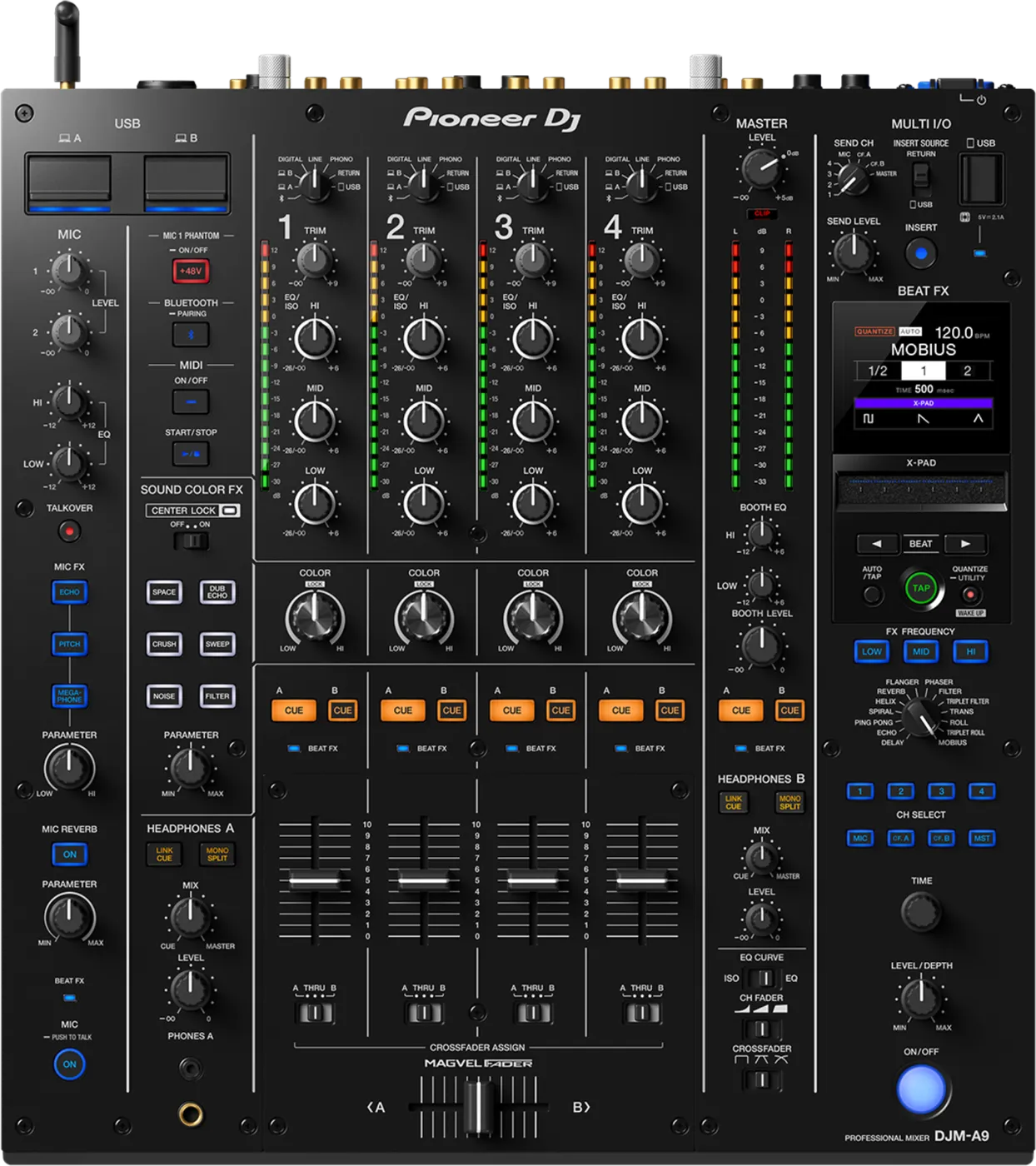 Pioneer DJ DJM-A9 four-channel mixer control panel, top view