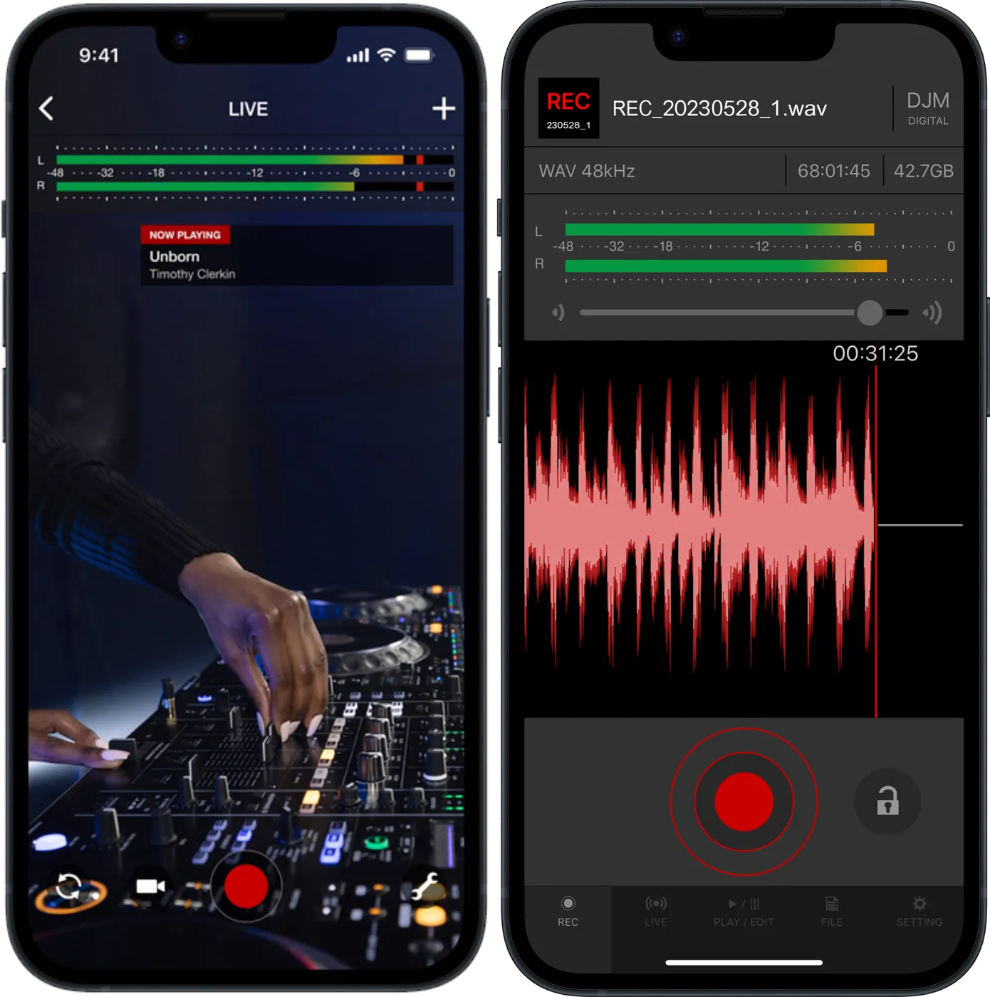 DJM-REC app on iPhone: live streaming view and the recording screen with waveform and levels