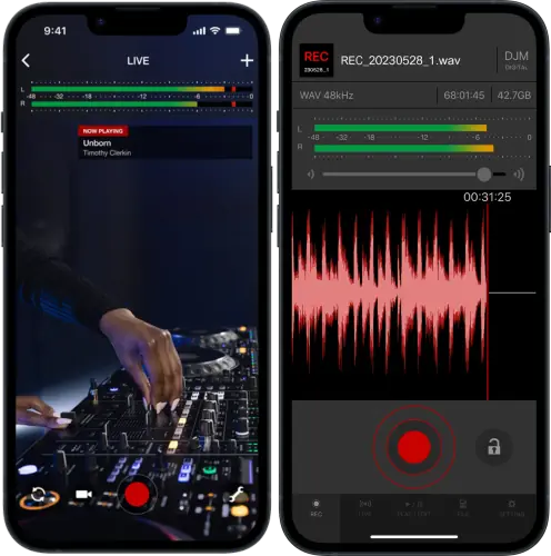 DJM-REC app on iPhone: live streaming view and the recording screen with waveform and levels