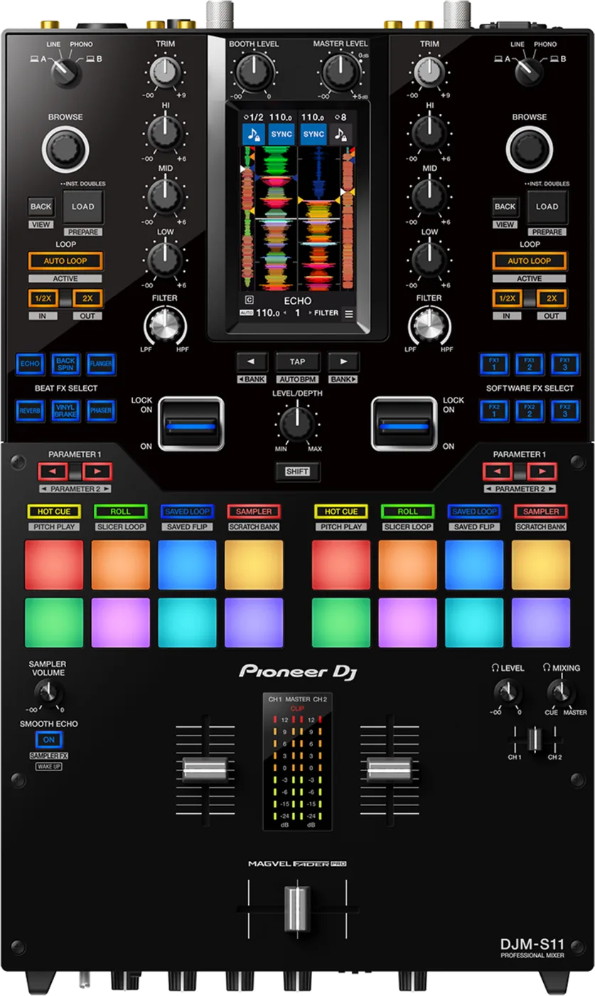 Pioneer DJ DJM-S11 2-channel scratch-style DJ mixer, top view