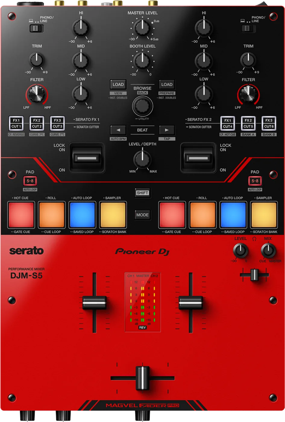 Pioneer DJ DJM-S5 2-channel battle mixer, top view: effect levers, performance pads and MAGVEL crossfader