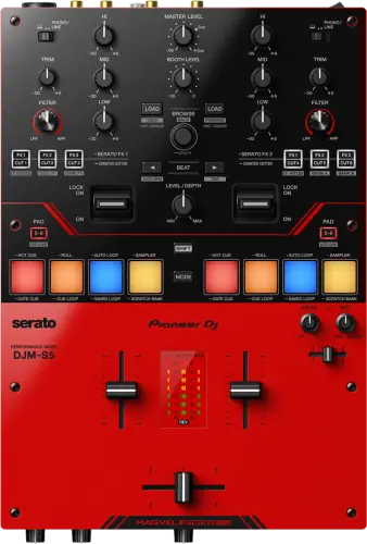Pioneer DJ DJM-S5 2-channel battle mixer, top view: effect levers, performance pads and MAGVEL crossfader