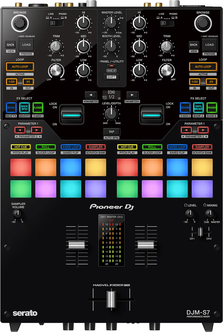Pioneer DJ DJM-S7 2-channel battle mixer, top view: OLED effects display, performance pads and MAGVEL crossfader