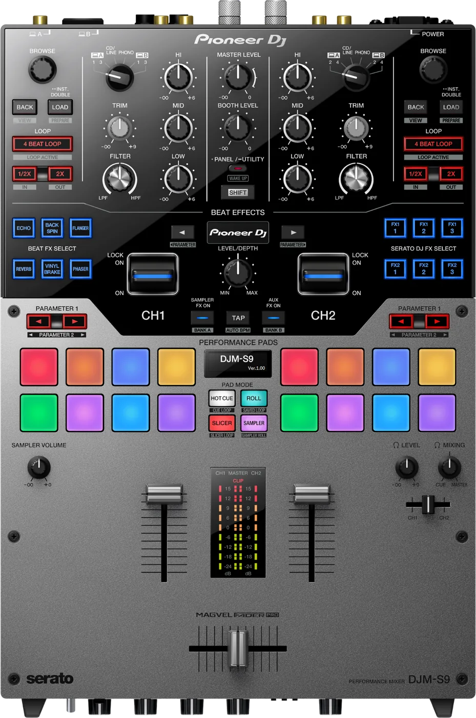 Pioneer DJ DJM-S9 2-channel battle mixer, top view: input select switches, performance pads and MAGVEL crossfader