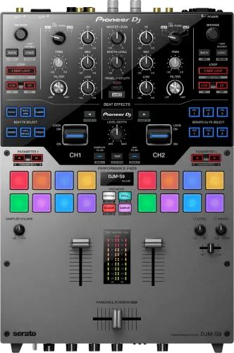 Pioneer DJ DJM-S9 2-channel battle mixer, top view: input select switches, performance pads and MAGVEL crossfader