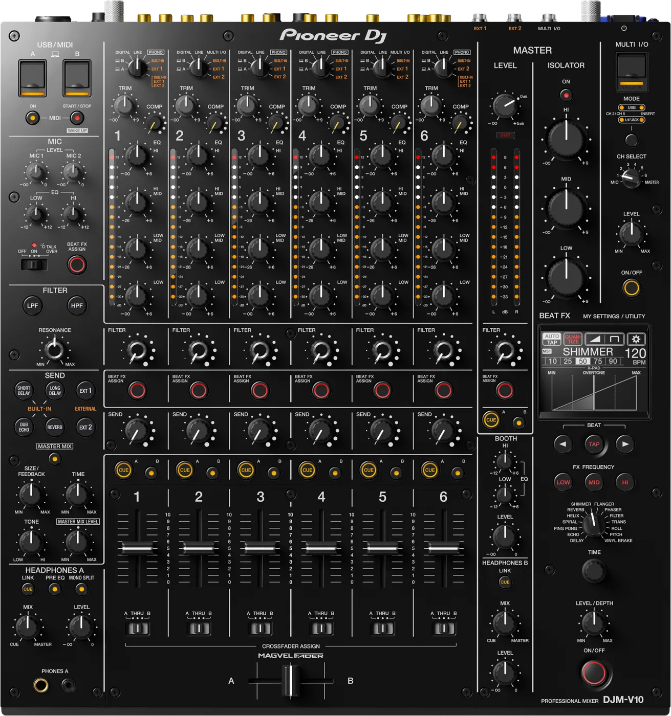 Pioneer DJ DJM-V10 six-channel mixer control panel, top view