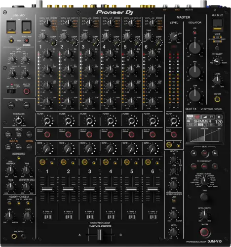 Pioneer DJ DJM-V10 six-channel mixer control panel, top view
