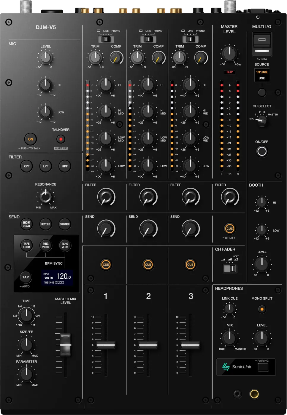 AlphaTheta DJM-V5 three-channel DJ mixer control panel, top view