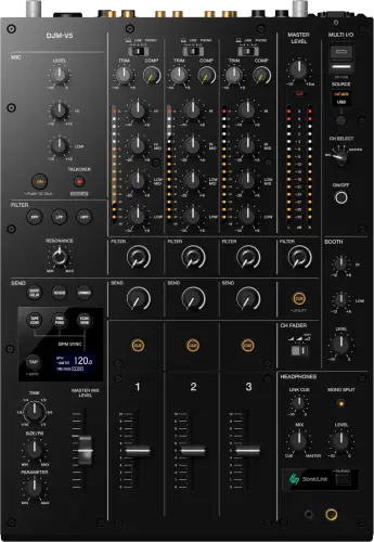 AlphaTheta DJM-V5 three-channel DJ mixer control panel, top view