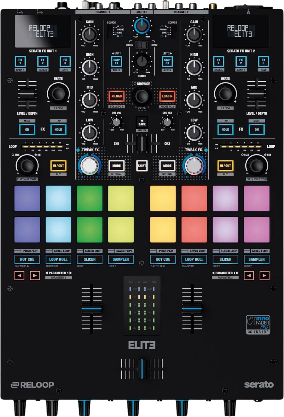 Reloop ELITE two channel Serato battle mixer, top view of the control panel