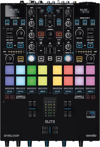 Reloop ELITE two channel Serato battle mixer, top view of the control panel