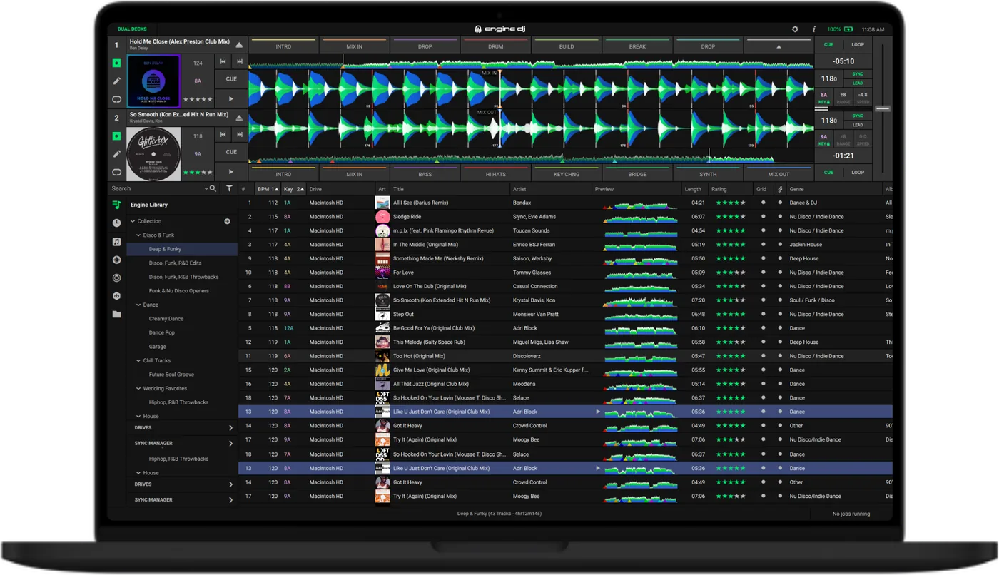 Engine DJ Desktop: dual decks with phrase markers above the Engine Library and a track list