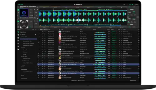 Engine DJ Desktop: dual decks with phrase markers above the Engine Library and a track list