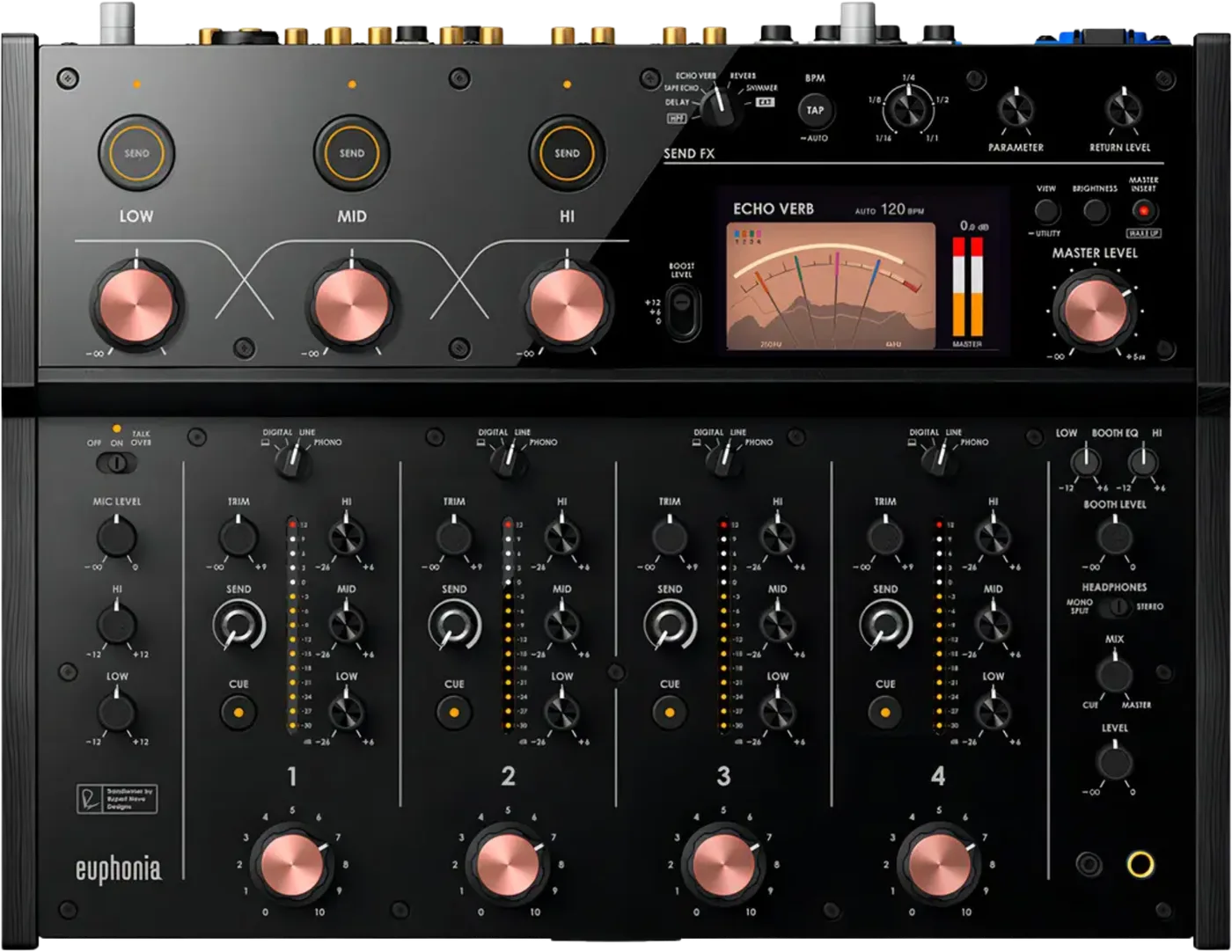 AlphaTheta euphonia four-channel rotary DJ mixer control panel, top view
