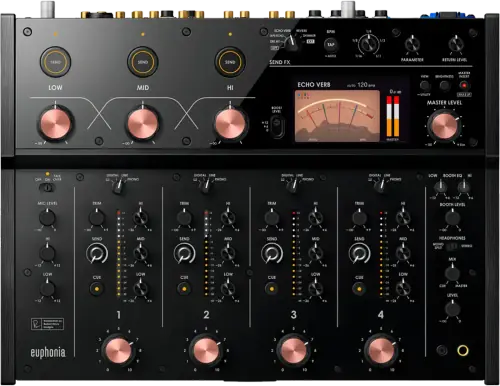 AlphaTheta euphonia four-channel rotary DJ mixer control panel, top view
