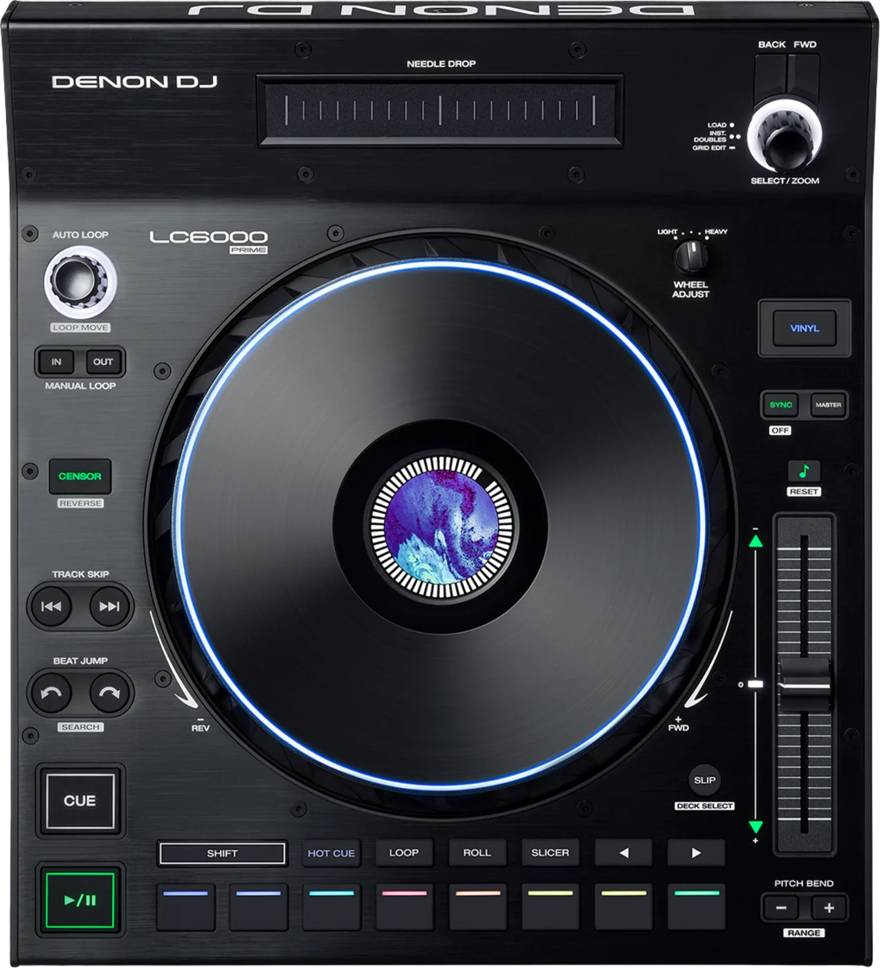 Denon DJ LC6000 PRIME DJ controller, top view: 8.5 inch platter with a colour display, eight performance pads and a 100 mm pitch fader