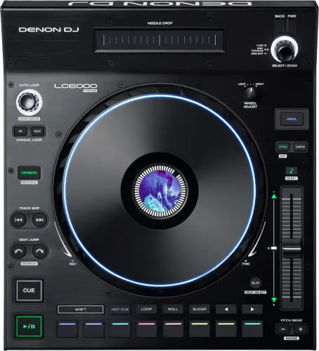 Denon DJ LC6000 PRIME DJ controller, top view: 8.5 inch platter with a colour display, eight performance pads and a 100 mm pitch fader