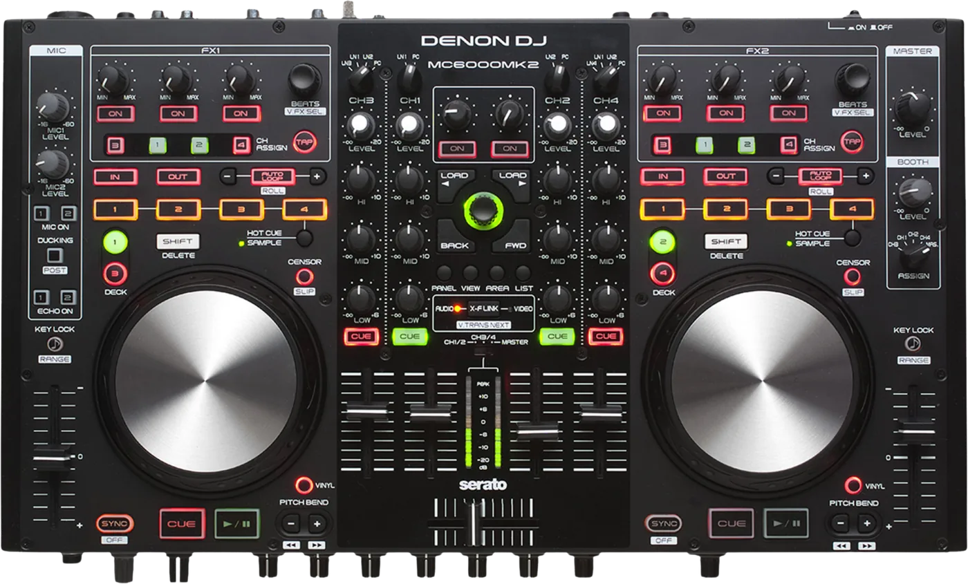 Denon DJ MC6000MK2 four channel digital DJ mixer and controller, top view