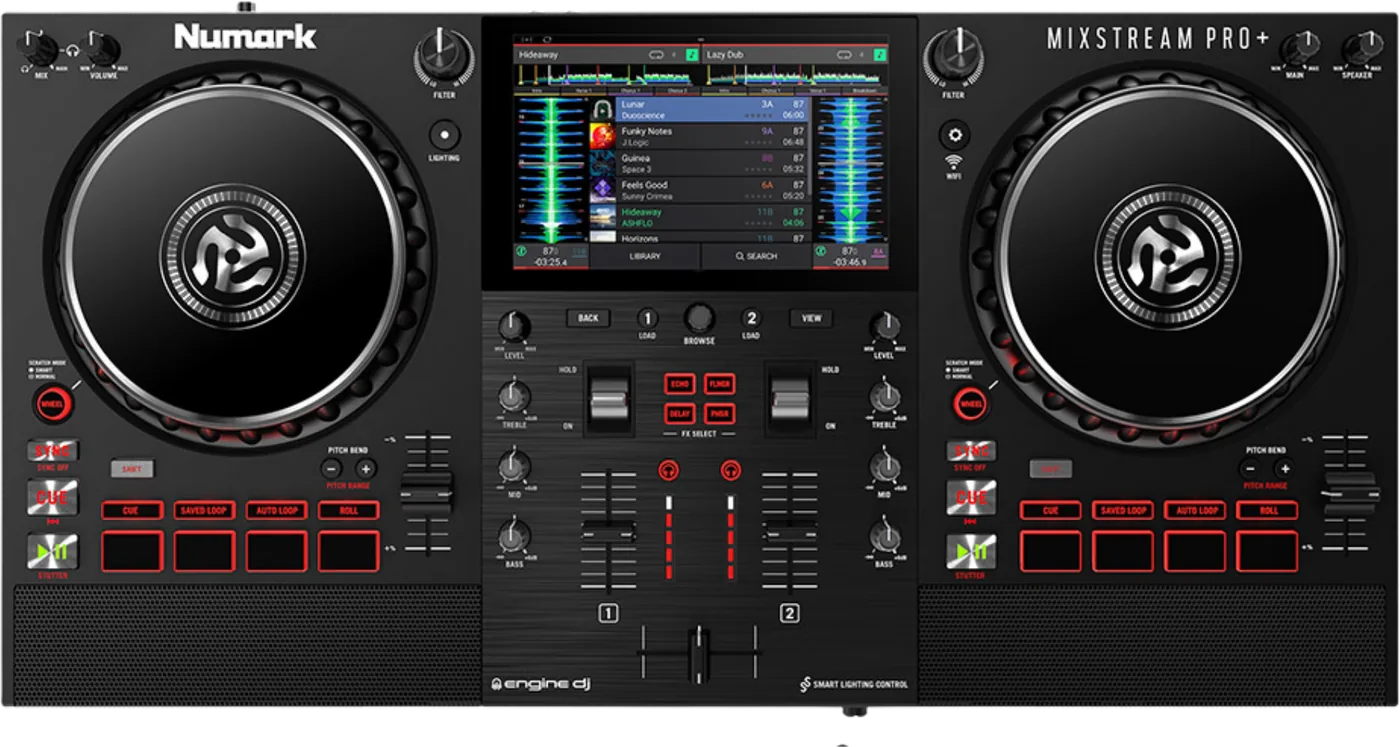 Numark Mixstream Pro+ standalone DJ system, top view with two jog wheels, a touchscreen and built in speakers