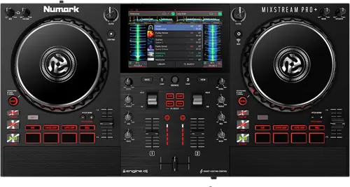 Numark Mixstream Pro+ standalone DJ system, top view with two jog wheels, a touchscreen and built in speakers