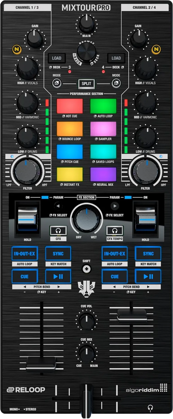 Reloop Mixtour Pro portable four deck DJ controller for djay, top view