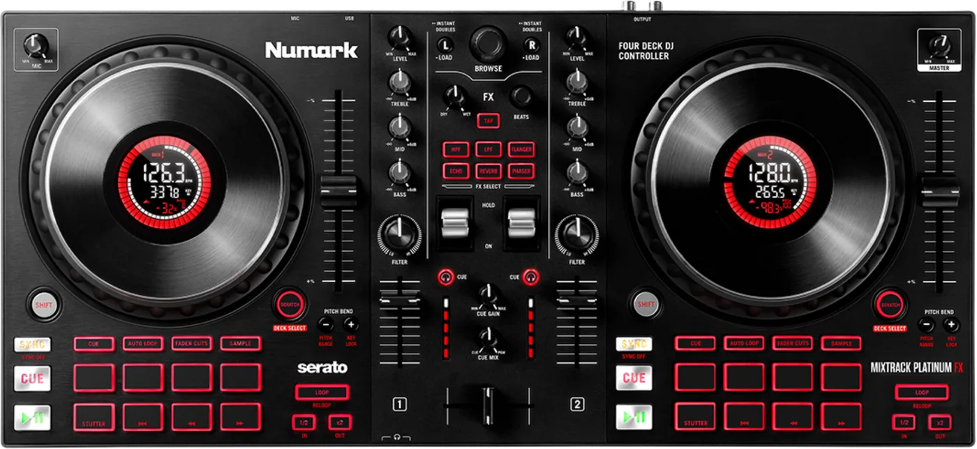 Numark MixTrack Platinum FX two channel Serato DJ Lite controller, top view with two jog wheel displays