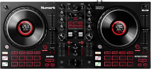 Numark MixTrack Platinum FX two channel Serato DJ Lite controller, top view with two jog wheel displays