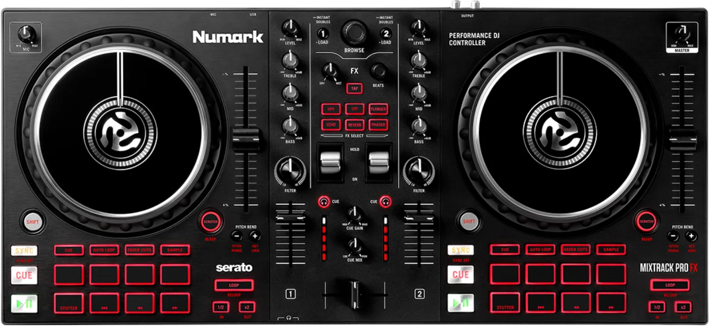 Numark MixTrack Pro FX two channel Serato DJ Lite controller, top view with two jog wheels