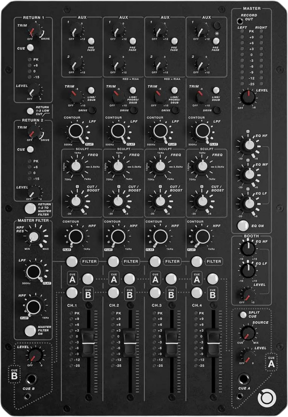 PLAYdifferently MODEL 1.4 four-channel analogue DJ mixer control panel, top view