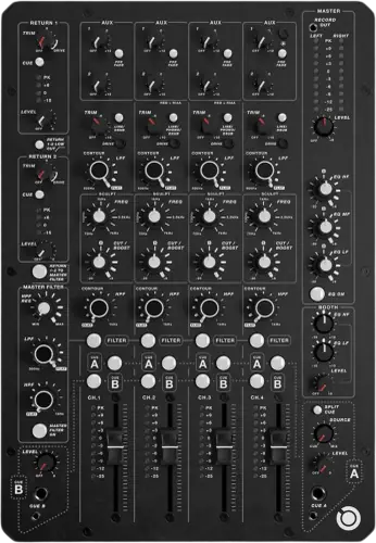 PLAYdifferently MODEL 1.4 four-channel analogue DJ mixer control panel, top view