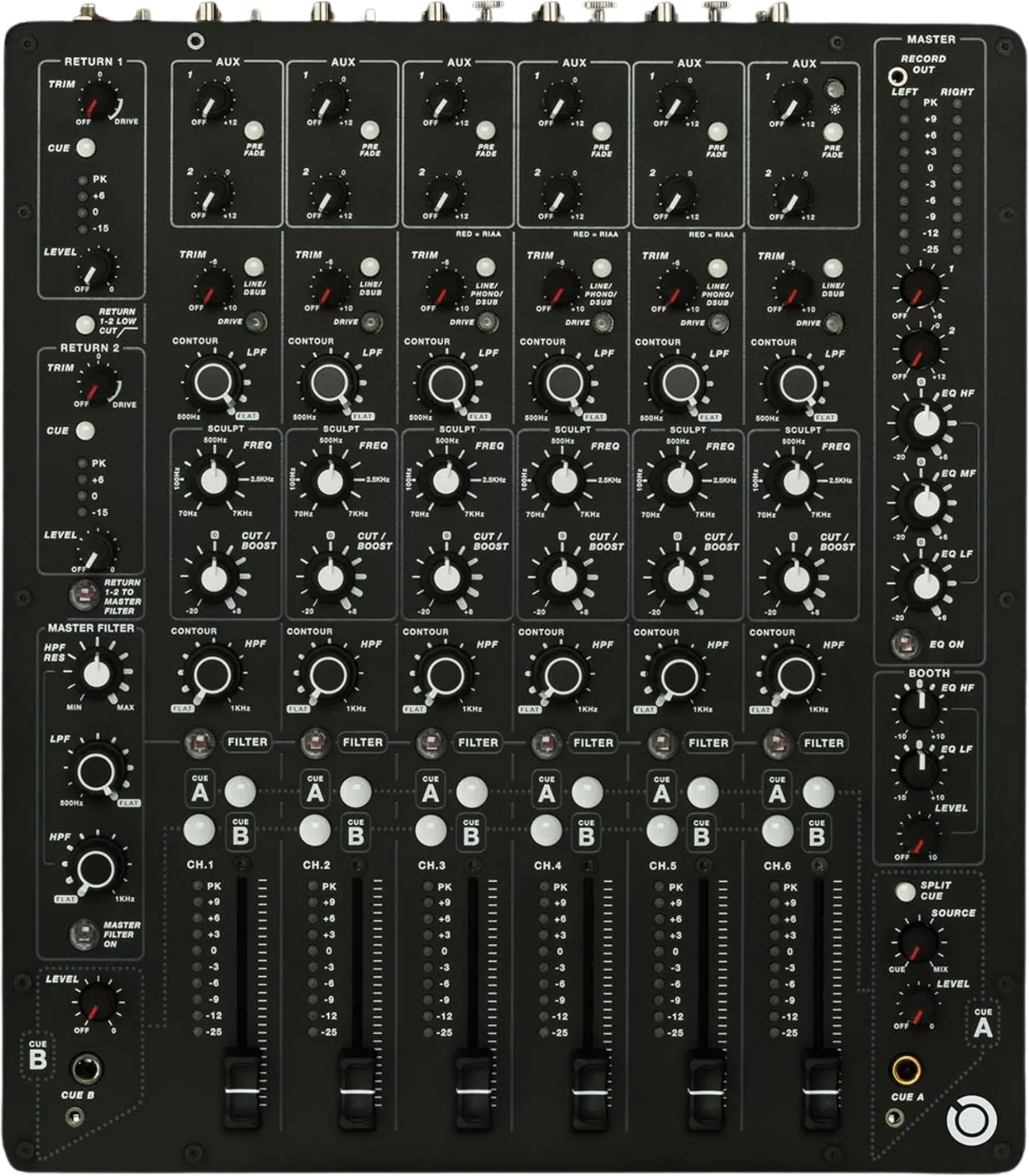 PLAYdifferently MODEL 1 six-channel analogue DJ mixer control panel, top view