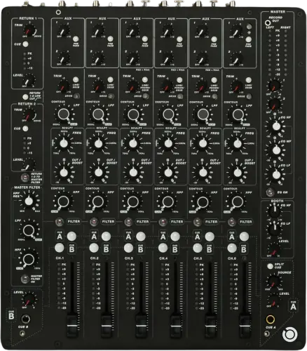 PLAYdifferently MODEL 1 six-channel analogue DJ mixer control panel, top view