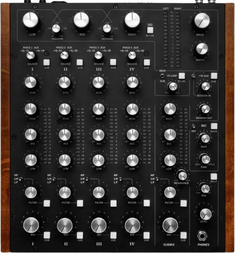 RANE MP2015 rotary mixer, top view: four deck channels with source selectors, isolator, submix and 16-segment meters