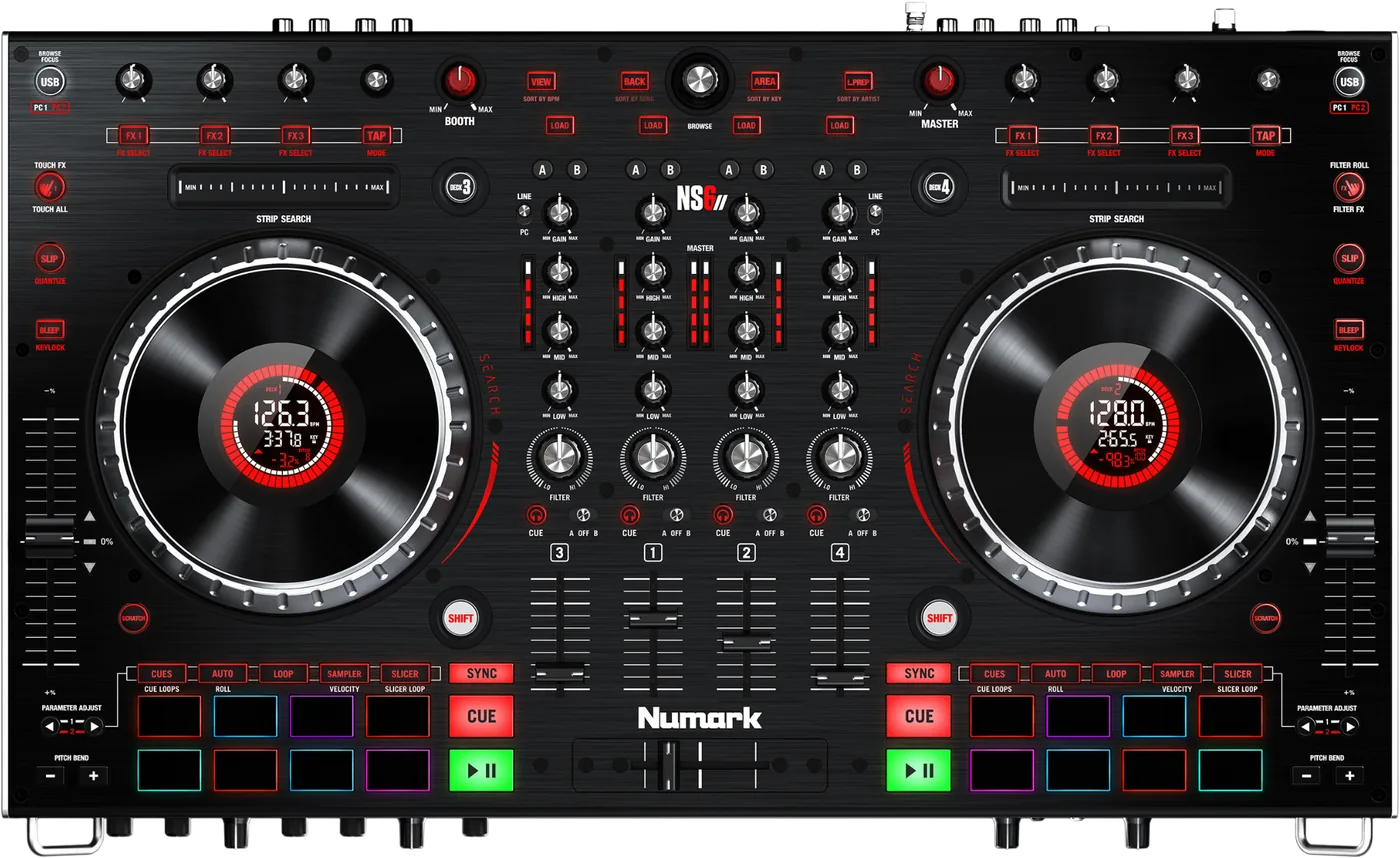 Numark NS6 II four channel Serato DJ controller, top view with two decks and a built in mixer
