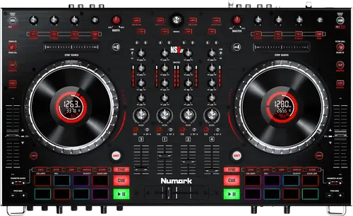 Numark NS6 II four channel Serato DJ controller, top view with two decks and a built in mixer