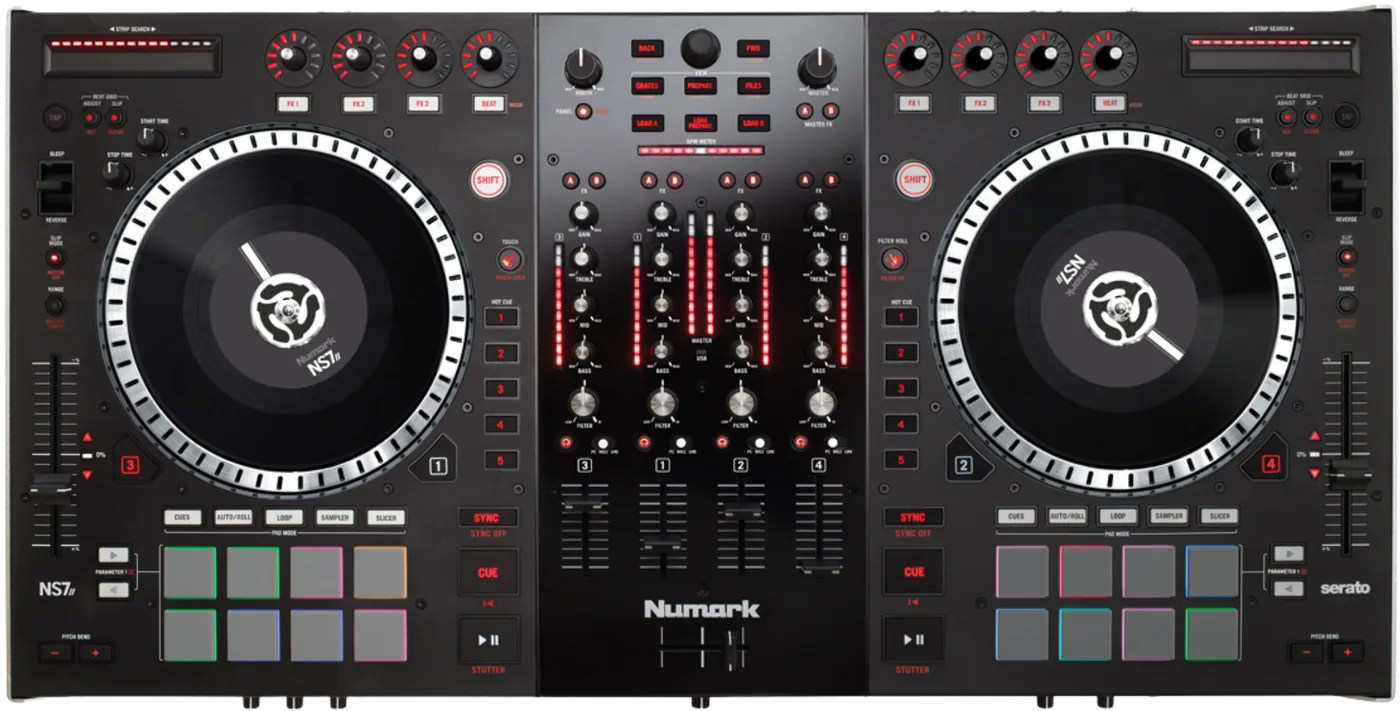 Numark NS7 II motorised four channel Serato DJ controller, top view with two platters and a built in mixer