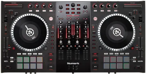 Numark NS7 II motorised four channel Serato DJ controller, top view with two platters and a built in mixer