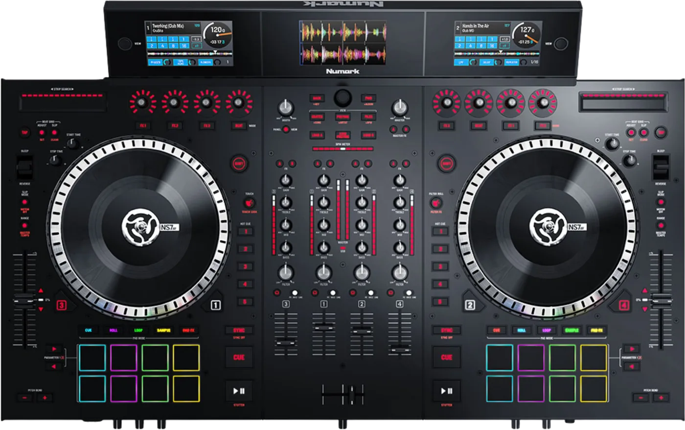 Numark NS7 III motorised four channel Serato DJ controller, top view with two platters and a detachable three screen display