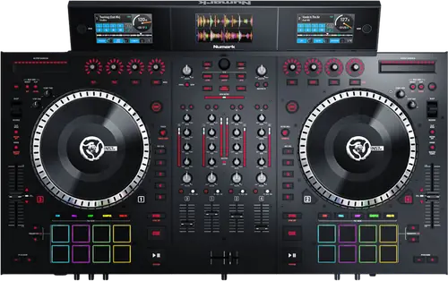 Numark NS7 III motorised four channel Serato DJ controller, top view with two platters and a detachable three screen display
