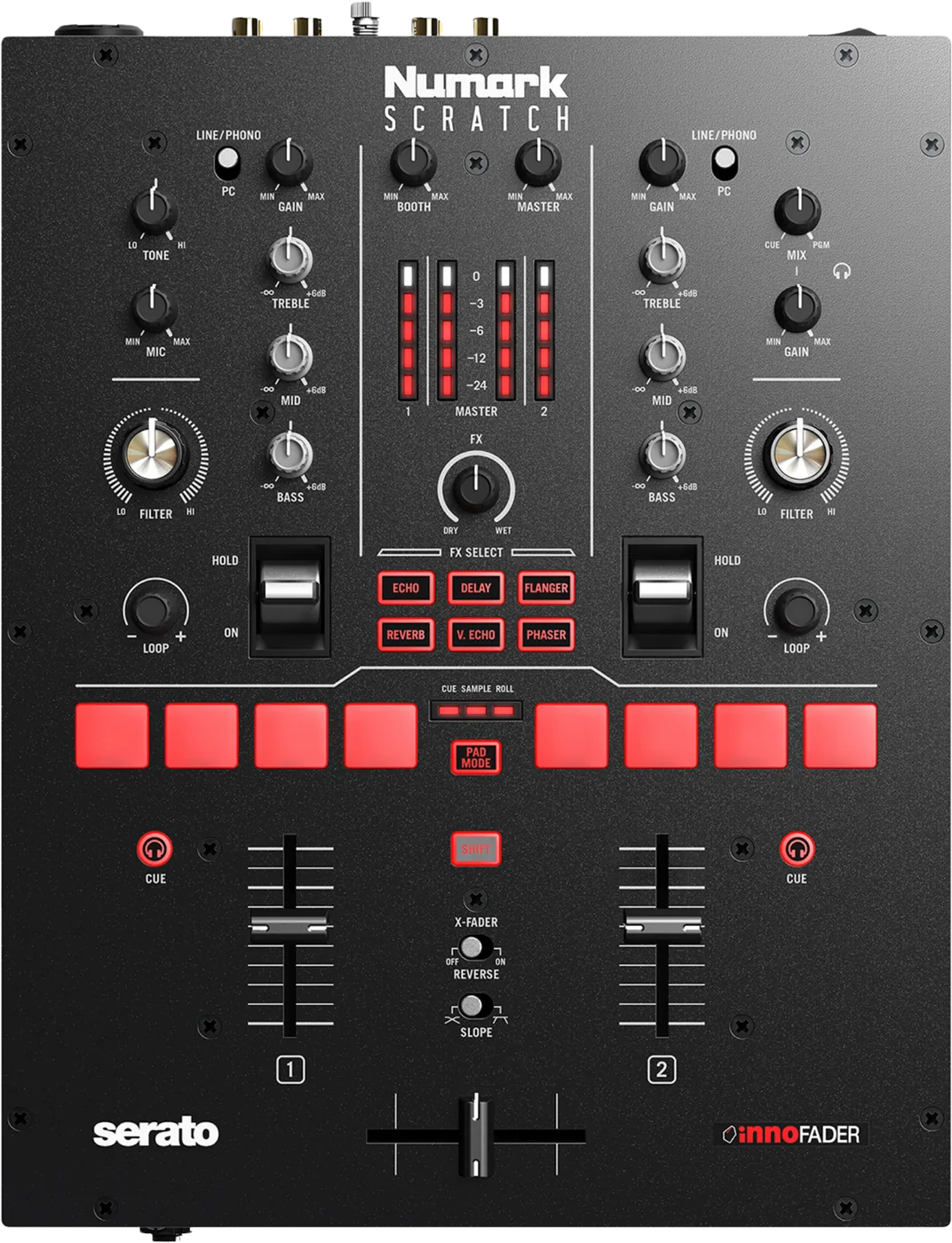Numark SCRATCH two channel Serato DJ Pro battle mixer, top view with crossfader and performance pads