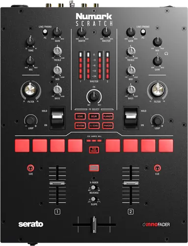 Numark SCRATCH two channel Serato DJ Pro battle mixer, top view with crossfader and performance pads